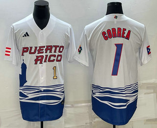 Men’s Puerto Rico Baseball #1 Carlos Correa Number White 2023 World Baseball Classic Stitched Jerseys