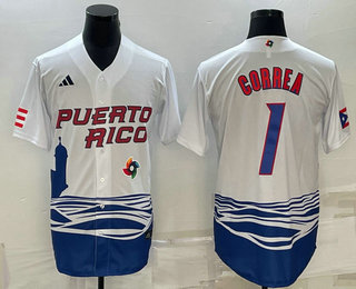 Men’s Puerto Rico Baseball #1 Carlos Correa White 2023 World Baseball Classic Stitched Jersey