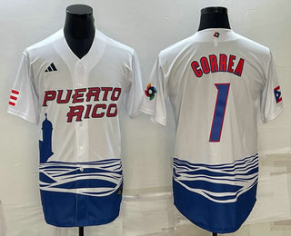 Men’s Puerto Rico Baseball #1 Carlos Correa White 2023 World Baseball Classic Stitched Jerseys
