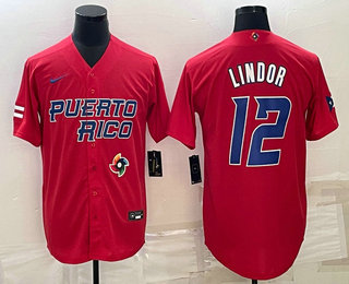 Men’s Puerto Rico Baseball #12 Francisco Lindor 2023 Red World Baseball Classic Stitched Jersey