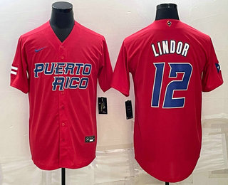 Men’s Puerto Rico Baseball #12 Francisco Lindor 2023 Red World Baseball Classic Stitched Jerseys