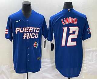 Men’s Puerto Rico Baseball #12 Francisco Lindor 2023 Royal World Classic Stitched Jersey
