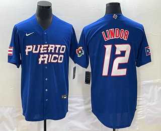 Men’s Puerto Rico Baseball #12 Francisco Lindor 2023 Royal World Classic Stitched Jerseys