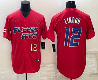 Men’s Puerto Rico Baseball #12 Francisco Lindor Number 2023 Red World Baseball Classic Stitched Jersey