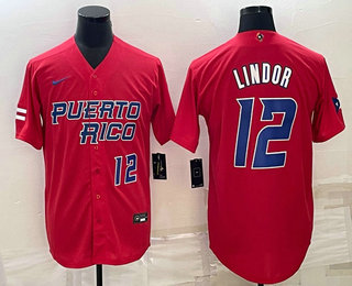 Men’s Puerto Rico Baseball #12 Francisco Lindor Number 2023 Red World Baseball Classic Stitched Jerseys