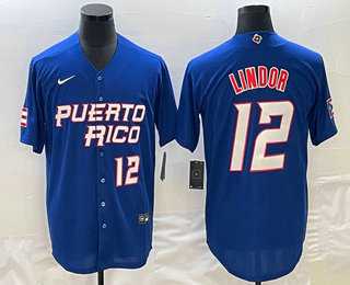 Men’s Puerto Rico Baseball #12 Francisco Lindor Number 2023 Royal World Classic Stitched Jersey