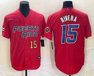 Men’s Puerto Rico Baseball #15 Emmanuel Rivera Number 2023 Red World Classic With Patch Stitched Jerseys