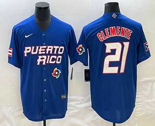 Men’s Puerto Rico Baseball #21 Roberto Clemente 2023 Blue World Classic Stitched Jersey