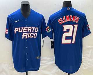 Men’s Puerto Rico Baseball #21 Roberto Clemente 2023 Blue World Classic Stitched Jerseys