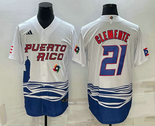 Men’s Puerto Rico Baseball #21 Roberto Clemente 2023 White World Baseball Classic Stitched Jersey