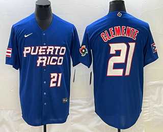 Men’s Puerto Rico Baseball #21 Roberto Clemente Number 2023 Blue World Classic Stitched Jerseys