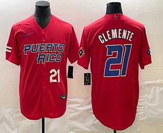 Men’s Puerto Rico Baseball #21 Roberto Clemente Number 2023 Red World Classic Stitched Jerseys