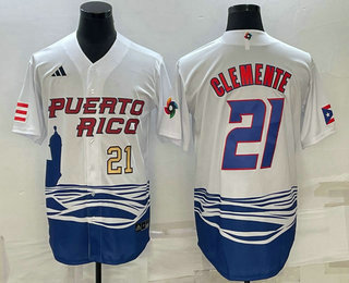 Men’s Puerto Rico Baseball #21 Roberto Clemente Number 2023 White World Baseball Classic Stitched Jersey