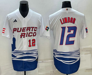 Men’s Puerto Rico Baseball #23 Francisco Lindor Number White 2023 World Baseball Classic Stitched Jersey