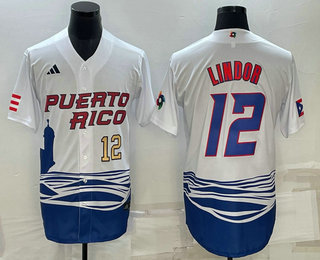 Men’s Puerto Rico Baseball #23 Francisco Lindor Number White 2023 World Baseball Classic Stitched Jerseys