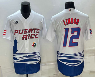 Men’s Puerto Rico Baseball #23 Francisco Lindor White 2023 World Baseball Classic Stitched Jersey