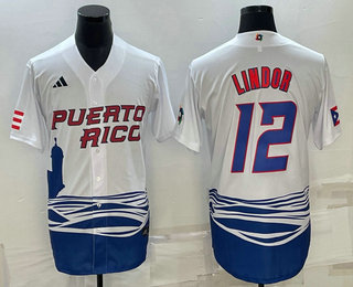 Men’s Puerto Rico Baseball #23 Francisco Lindor White 2023 World Baseball Classic Stitched Jerseys