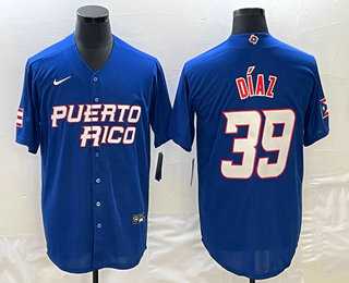 Men’s Puerto Rico Baseball #39 Edwin Diaz 2023 Blue World Baseball Classic Stitched Jersey