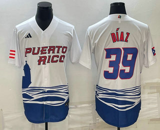 Men’s Puerto Rico Baseball #39 Edwin Diaz 2023 White World Baseball Classic Stitched Jersey
