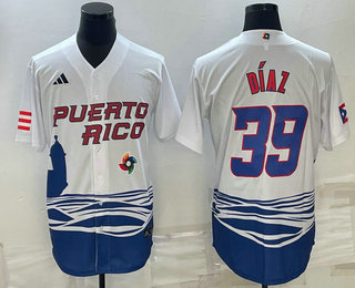 Men’s Puerto Rico Baseball #39 Edwin Diaz 2023 White World Baseball Classic Stitched Jerseys