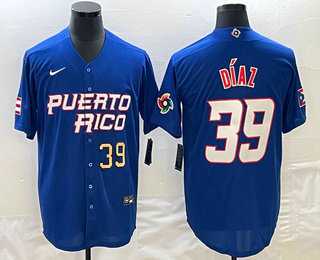 Men’s Puerto Rico Baseball #39 Edwin Diaz Number 2023 Blue World Baseball Classic Stitched Jersey