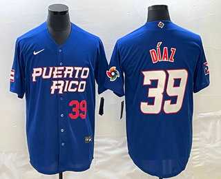 Men’s Puerto Rico Baseball #39 Edwin Diaz Number 2023 Blue World Baseball Classic Stitched Jerseys