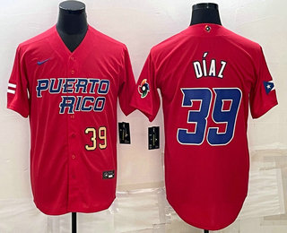 Men’s Puerto Rico Baseball #39 Edwin Diaz Number 2023 Red World Baseball Classic Stitched Jerseys