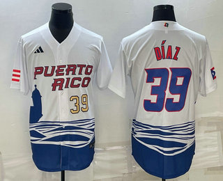 Men’s Puerto Rico Baseball #39 Edwin Diaz Number 2023 White World Baseball Classic Stitched Jersey