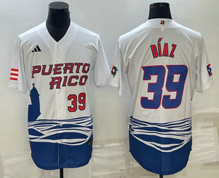 Men’s Puerto Rico Baseball #39 Edwin Diaz Number 2023 White World Baseball Classic Stitched Jerseys