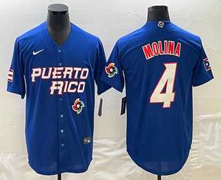 Men’s Puerto Rico Baseball #4 Yadier Molina 2023 Blue World Baseball Classic Stitched Jersey