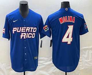 Men’s Puerto Rico Baseball #4 Yadier Molina 2023 Blue World Baseball Classic Stitched Jerseys