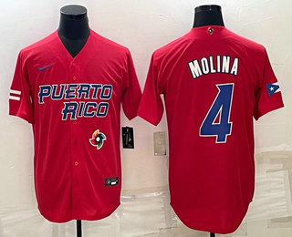 Men’s Puerto Rico Baseball #4 Yadier Molina 2023 Red World Baseball Classic Stitched Jersey