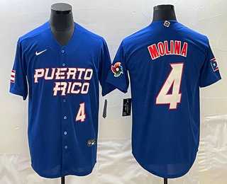 Men’s Puerto Rico Baseball #4 Yadier Molina Number 2023 Blue World Baseball Classic Stitched Jersey