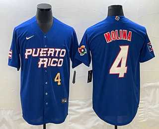Men’s Puerto Rico Baseball #4 Yadier Molina Number 2023 Blue World Baseball Classic Stitched Jerseys