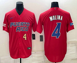 Men’s Puerto Rico Baseball #4 Yadier Molina Number 2023 Red World Baseball Classic Stitched Jersey
