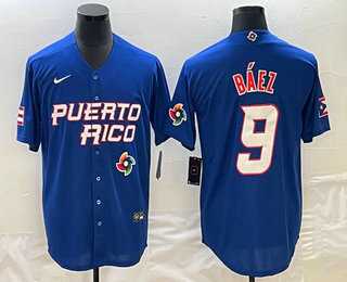 Men’s Puerto Rico Baseball #9 Javier Baez 2023 Blue World Baseball Classic Stitched Jersey