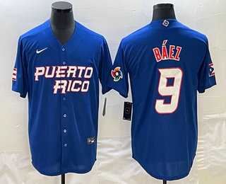 Men’s Puerto Rico Baseball #9 Javier Baez 2023 Blue World Baseball Classic Stitched Jerseys