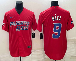 Men’s Puerto Rico Baseball #9 Javier Baez 2023 Red World Baseball Classic Stitched Jersey