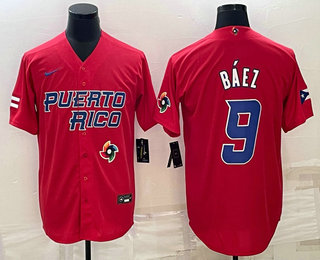Men’s Puerto Rico Baseball #9 Javier Baez 2023 Red World Baseball Classic Stitched Jerseys