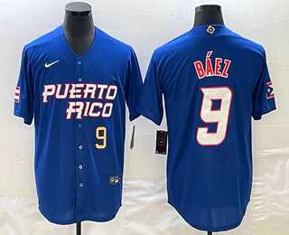 Men’s Puerto Rico Baseball #9 Javier Baez Number 2023 Blue World Baseball Classic Stitched Jersey