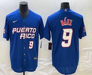 Men’s Puerto Rico Baseball #9 Javier Baez Number 2023 Blue World Baseball Classic Stitched Jerseys
