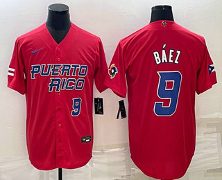 Men’s Puerto Rico Baseball #9 Javier Baez Number 2023 Red World Baseball Classic Stitched Jersey