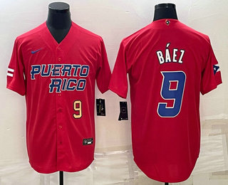 Men’s Puerto Rico Baseball #9 Javier Baez Number 2023 Red World Baseball Classic Stitched Jerseys