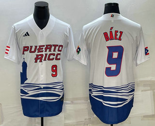 Men’s Puerto Rico Baseball #9 Javier Baez Number White 2023 World Baseball Classic Stitched Jersey
