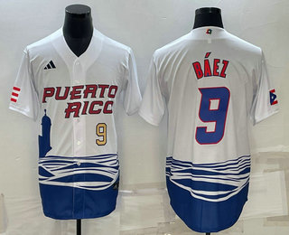 Men’s Puerto Rico Baseball #9 Javier Baez Number White 2023 World Baseball Classic Stitched Jerseys