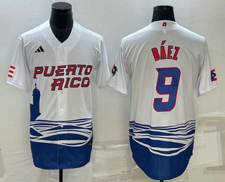 Men’s Puerto Rico Baseball #9 Javier Baez White 2023 World Baseball Classic Stitched Jersey