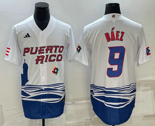Men’s Puerto Rico Baseball #9 Javier Baez White 2023 World Baseball Classic Stitched Jerseys