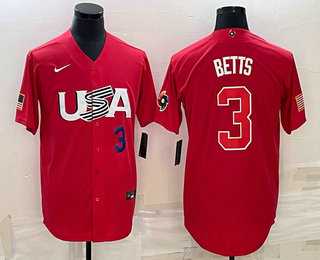 Men’s USA #3 Mookie Betts Number 2023 Red World Classic Stitched Jersey