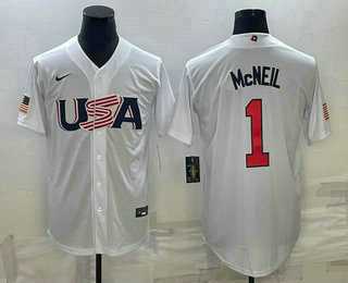 Men’s USA Baseball #1 Jeff McNeil 2023 White World Classic Stitched Jersey