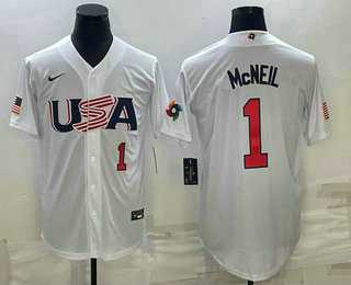 Men’s USA Baseball #1 Jeff McNeil Number 2023 White World Classic Stitched Jersey
